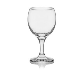 Empty transparent glass cup, shot glass, glass for wine, whiskey, cognac, martini, beer, juice and other drinks, isolated on white background. Dishes for bar, restaurant, pub.