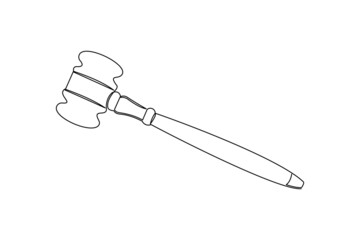 Continuous single one line drawing of hammer construction handyman tool and judge law vector illustration