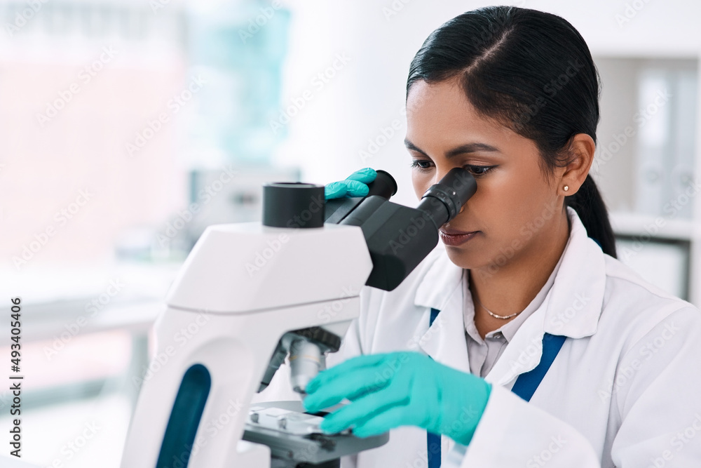 Canvas Prints Shes one look away from making a discovery. Cropped shot of an attractive young female scientist looking through a microscope while working in a laboratory.