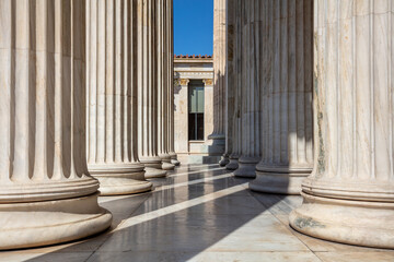 Pillar and stair white marble. Athens Greece Academy neoclassical building entrance colonnade.
