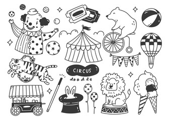 Hand Drawn Cartoon Circus Show Doodle With Circus tent, Animals and Clown © mhatzapa