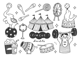 Hand Drawn Cartoon Circus Show Doodle With Circus tent, Animals and Clown - 493406059