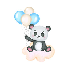 Cute panda sitting on the cloud with balloons decoration. Watercolor style nursery clipart