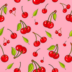 Ripe cherry on pink Background seamless pattern, hand drawn, square, vector. 
Berry background