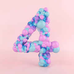 Creative number four 4 concept made of colorful pastel balloons. Balloon font concept on pastel pink background.