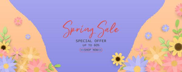 Spring horizontal sale banner in paper style