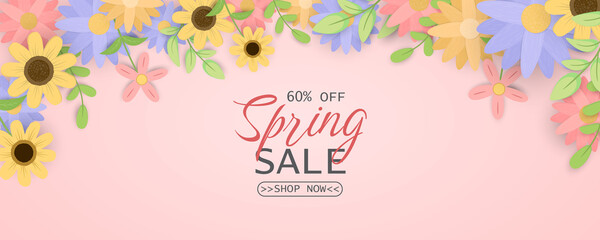 Spring horizontal sale banner in paper style