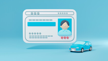 3Dイラストレーションで構成された運転免許証と自動車のイメージ。