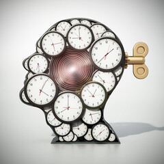Group of clocks forming a head shape. 3D illustration
