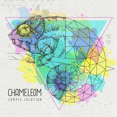 Realistic and polygonal chameleon illustration on artistic watercolor background. Triangle animal vector illustration © annbozhko