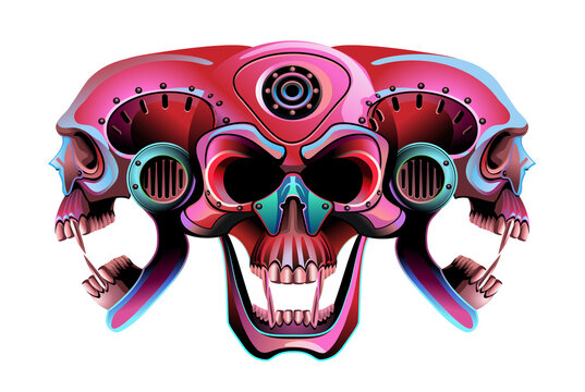 For Bikers: Cyberpunk Vampire Skull On A White Background