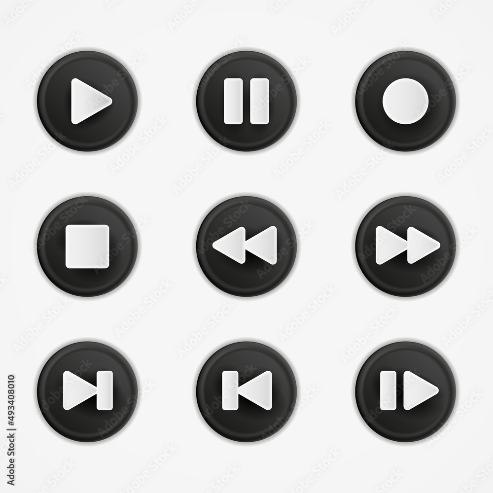 Poster set of glossy dark buttons and icons on audio theme