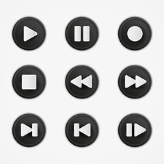Set of glossy dark buttons and icons on audio theme
