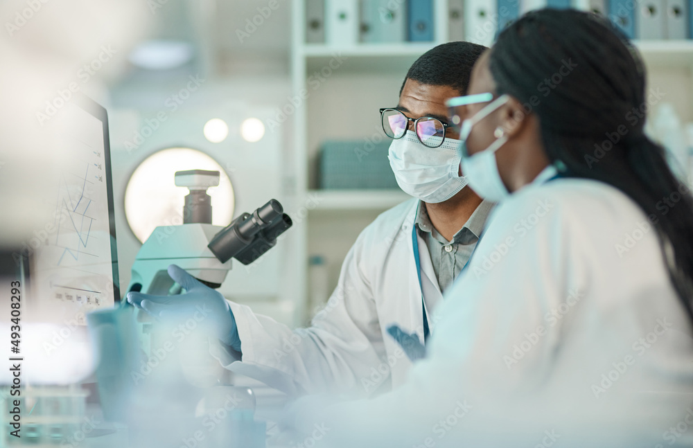 Aufkleber Science enhances critical thinking. Shot of two scientists working together on a computer in a lab.