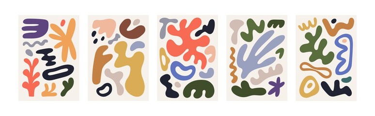 Abstract posters designs. Modern wall art with organic irregular geometric shapes. Contemporary artworks with creative elements pattern. Interior decorations set. Colored flat vector illustrations