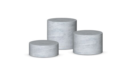 3d podium platform cylinders vector illustration. Realistic gypsum pedestal stages for product presentation.