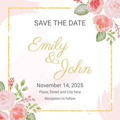 loose watercolor colorful roses and  wild flowers bouquet with golden luxury square frame wedding invitation card template