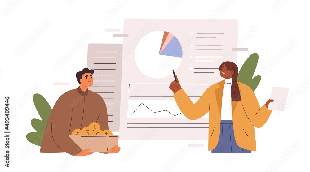 Poster calculating budget, analyzing finance report with business chart. accounting concept. financial advi