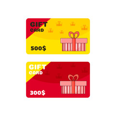 Gift card with gift box in yellow and red color on 300$ and 500$ value. Template for discount, offer, voucher, sale. Flat vector illustration