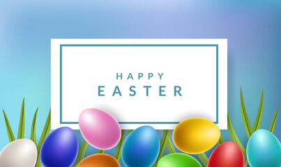 Easter frame with colorful eggs and grass. Horizontal banner for spring celebration