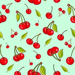 Ripe cherry on blue Background seamless pattern, hand drawn, square, Berry background illustration