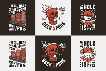Beer pong or beer game with skull and skeleton hand for drink party or sport alcohol bar. Craft mug with foam and ball