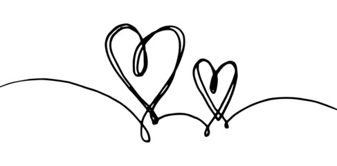 Hand drawn crumpled grunge heart doodles with thin lines, divider shape. Isolated on a white background. Vector illustration