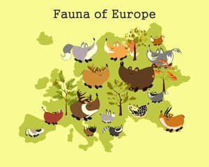 Fauna of Europe. Animal map of Europe. Children's educational poster with animals of Europe.