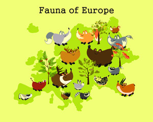 Obraz na płótnie Canvas Fauna of Europe. Animal map of Europe. Children's educational poster with animals of Europe.