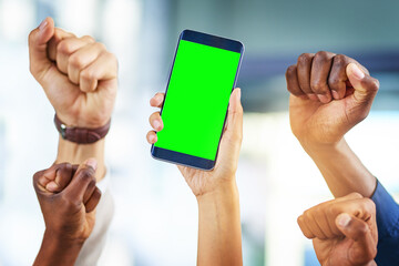 Launching our new business. Cropped shot of a group of businesspeople cheering and holding a mobile phone in a modern office.