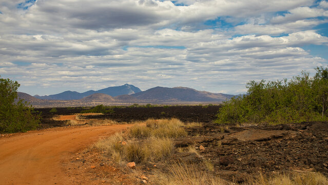 View of the mountains at the Shetani lava flows in Tsavo West.