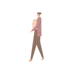 woman walking and carrying a grocery bag filled with food or vegetables. housewife shopping. people activity. flat cartoon style. vector design illustration. element, ui, character