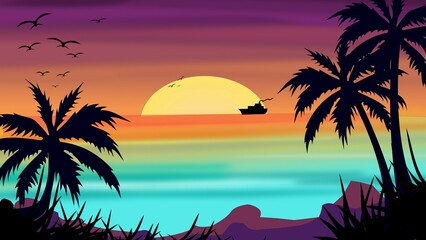 Beach In The Evening With Beautiful Background Vector Art