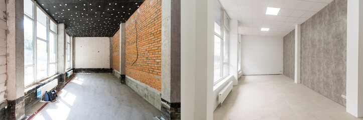 Room with unfinished walls and a room after repair. Before and after renovation in new housing