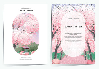 Vector editorial design frame set of Korean spring scenery with cherry trees in full bloom. Design for social media, party invitation, Frame Clip Art and Business Advertisement - 493413262