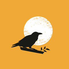 Silhouette of raven with sunset vector illustration. Scandinavian minimalist poster design. Modern wall art design.