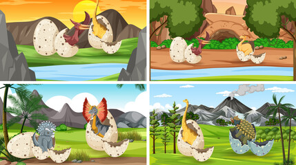 Different prehistoric forest scenes with dinosaur cartoon © blueringmedia