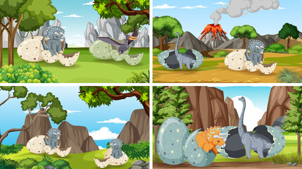 Different prehistoric forest scenes with dinosaur cartoon © blueringmedia