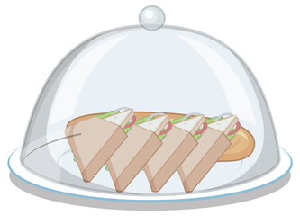 Sandwich on round plate with glass cover on white background