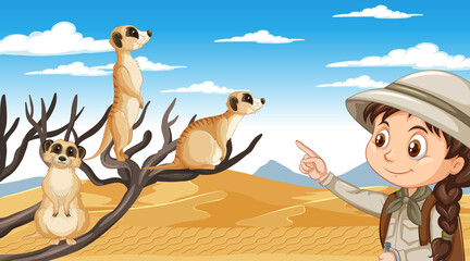 Obraz na płótnie Canvas A girl explorer with meerkat group in desert forest