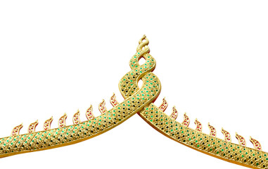 Tail with  crossed  patterns of gold serpent king statue (naga)  in Thai temple isolated on white...