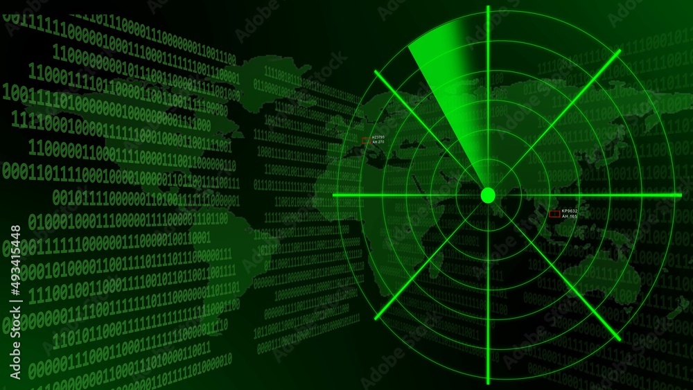 Poster green radar with a world map behind lines of binary code - 3d illustration