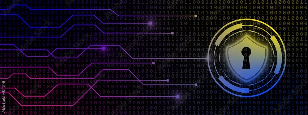 Poster protective shield - symbol on button with information connecting lines on binary code background - t