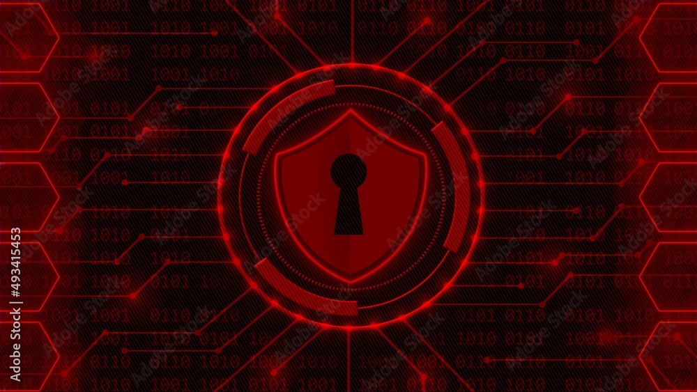 Poster protective shield in circle frame on binary code background with information connecting lines betwee