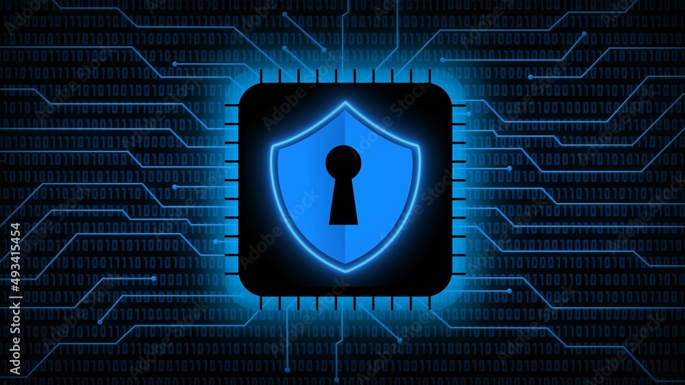 Poster protective shield logo on chip sensor - abstract background in green of blurred binary code behind i