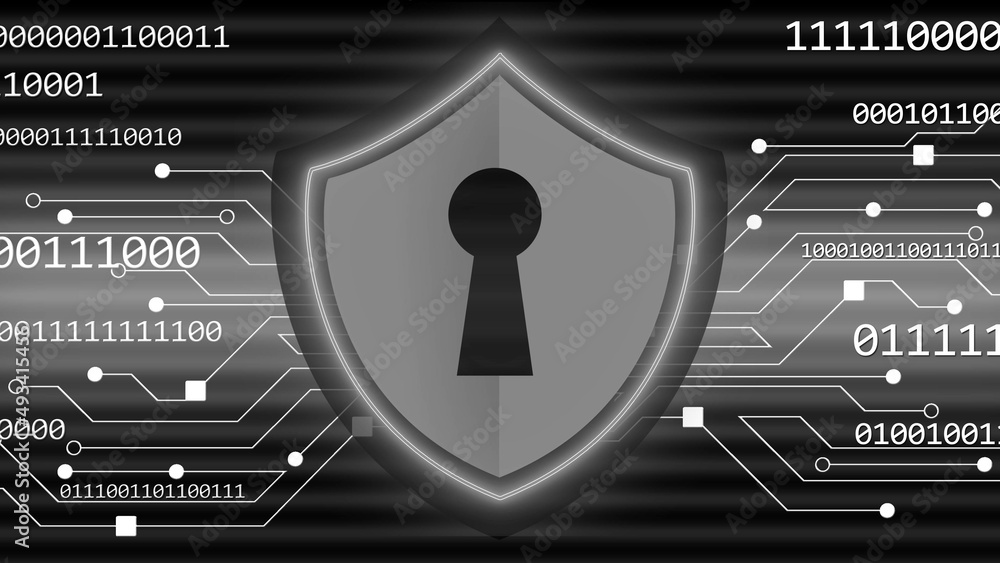 Poster security technology concept - protective shield code information connecting lines - 3d illustration