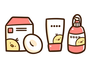 赤ちゃんの肌ケアアイテムのかわいい手書き風イラストセット