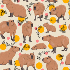 Seamless vector pattern with capybaras, doodle plants and circles. Wild animals of South America