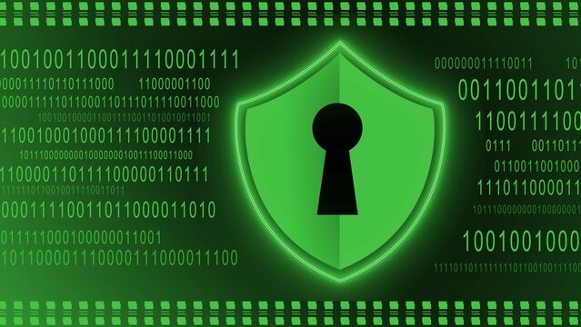 Protective Shield element on binary code background - green banner design - data internet technology network concept - 3D Illustration
