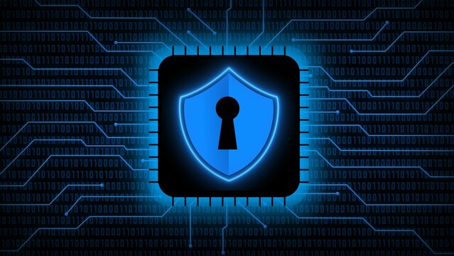 Protective Shield logo on chip sensor - abstract background in green of blurred binary code behind information connecting lines - 3D Illustration